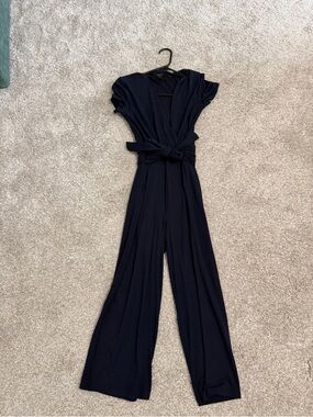 Ann Taylor Navy Short-Sleeve Wrap Jumpsuit with Tie Waist